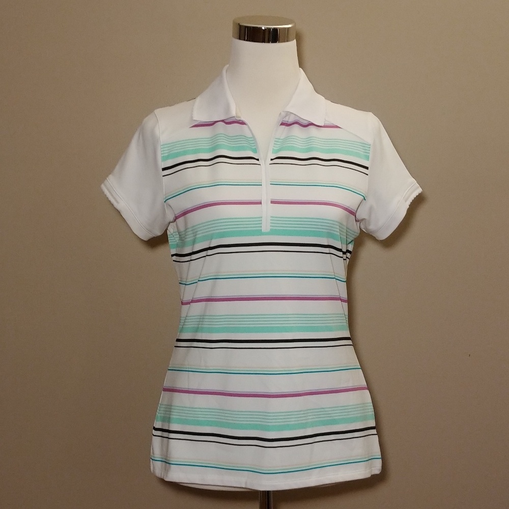 $10 ⛳Nancy Lopez Teal/White Striped Golf Polo